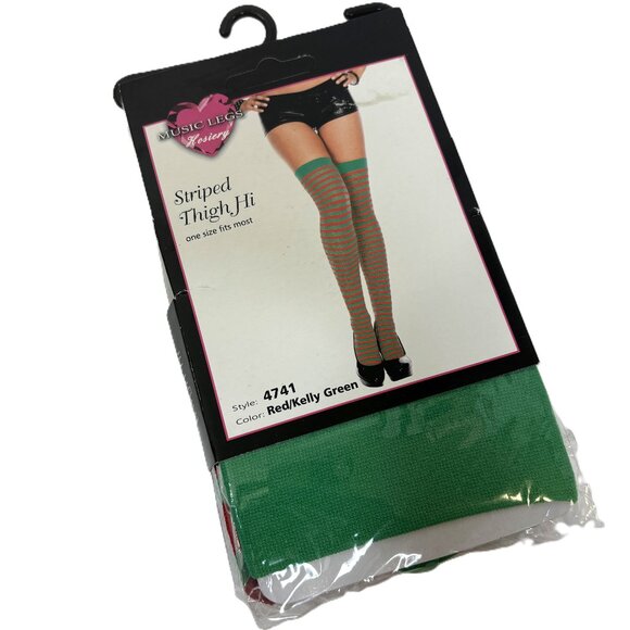* Music Legs Thigh High Christmas Elf  Red Green Stripe Stockings NWT NOS - Picture 1 of 6